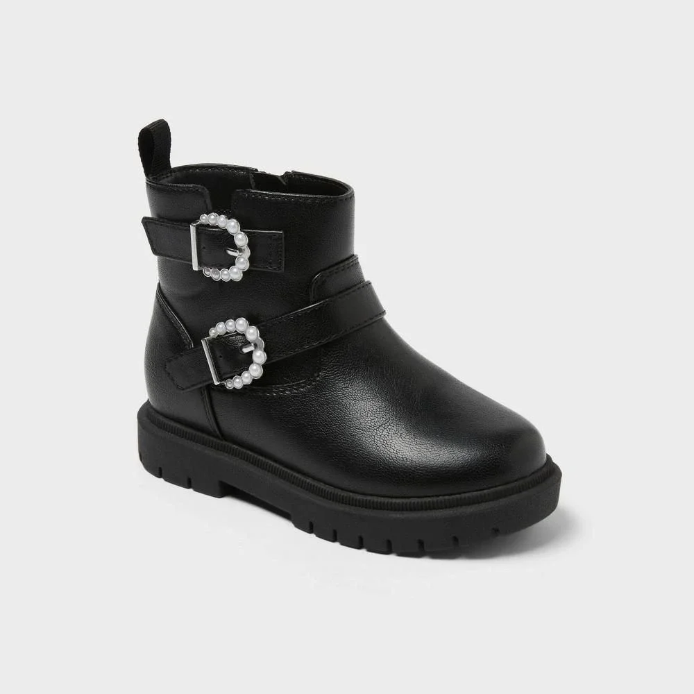 Cat & Jack Toddler Girls Evie Lug Sole Ankle Boots Black Pearl Buckle Size 5T